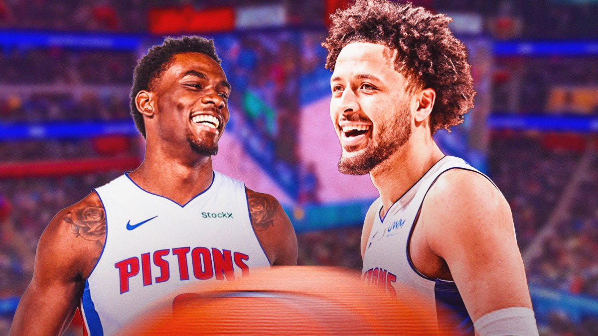 Jalen Duren and Cade Cunningham smiling next to each other at Little Caesars Arena