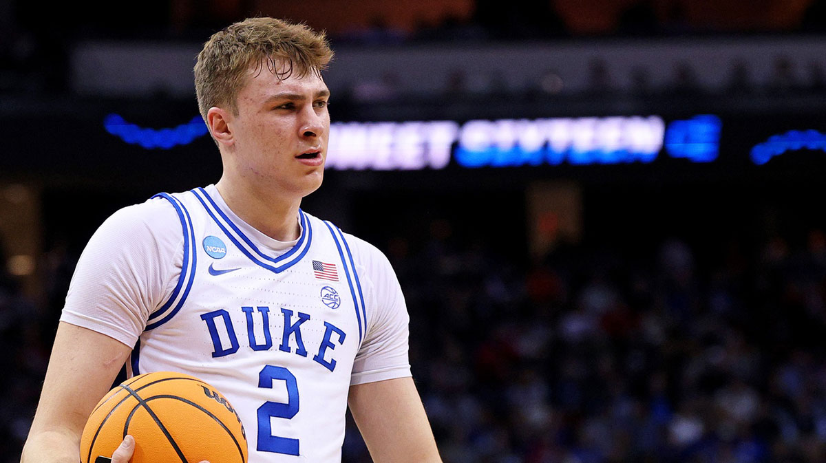 Duke Blue Devils forward Cooper Flagg (2) reacts after a play during the first half against the Arizona Wildcats during an East Regional semifinal of the 2025 NCAA tournament at Prudential Center.