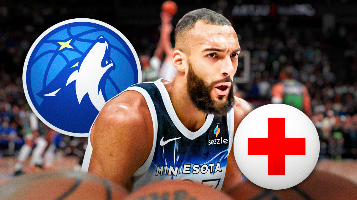 Timberwolves center Rudy Gobert next to the health symbol with the Heat and Timberwolves logos in the background