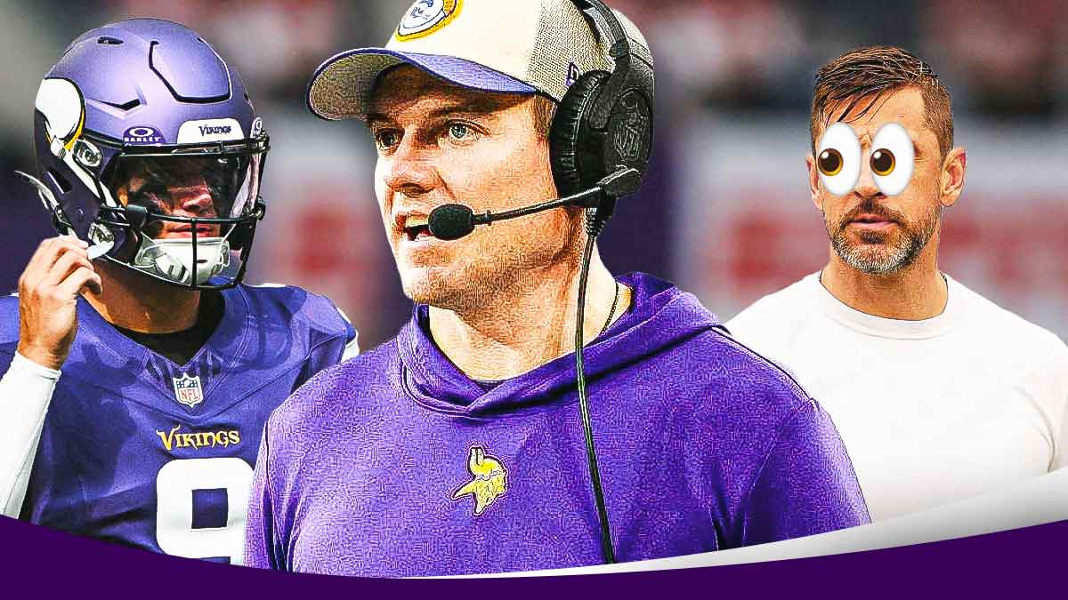 Vikings HC Kevin O'Connell looking serious with QB JJ McCarthy next to him. Aaron Rodgers (in street clothes) off to the side looking at them with googly emoji eyes.