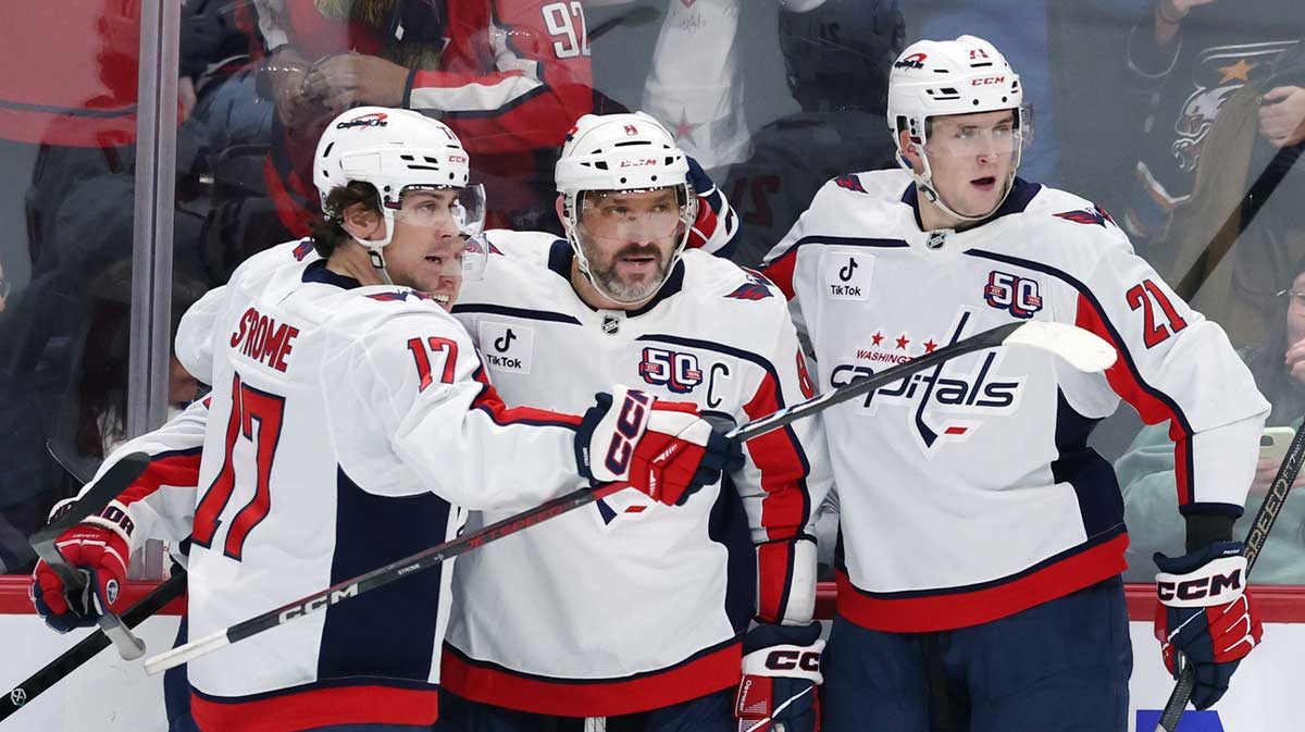Washington Capitals left wing Alex Ovechkin (8) celebrates his goal awj with Washington Capitals center Dylan Strome (17) and Washington Capitals center Aliaksei Protas (21) in the third period at Canada Life Centre.