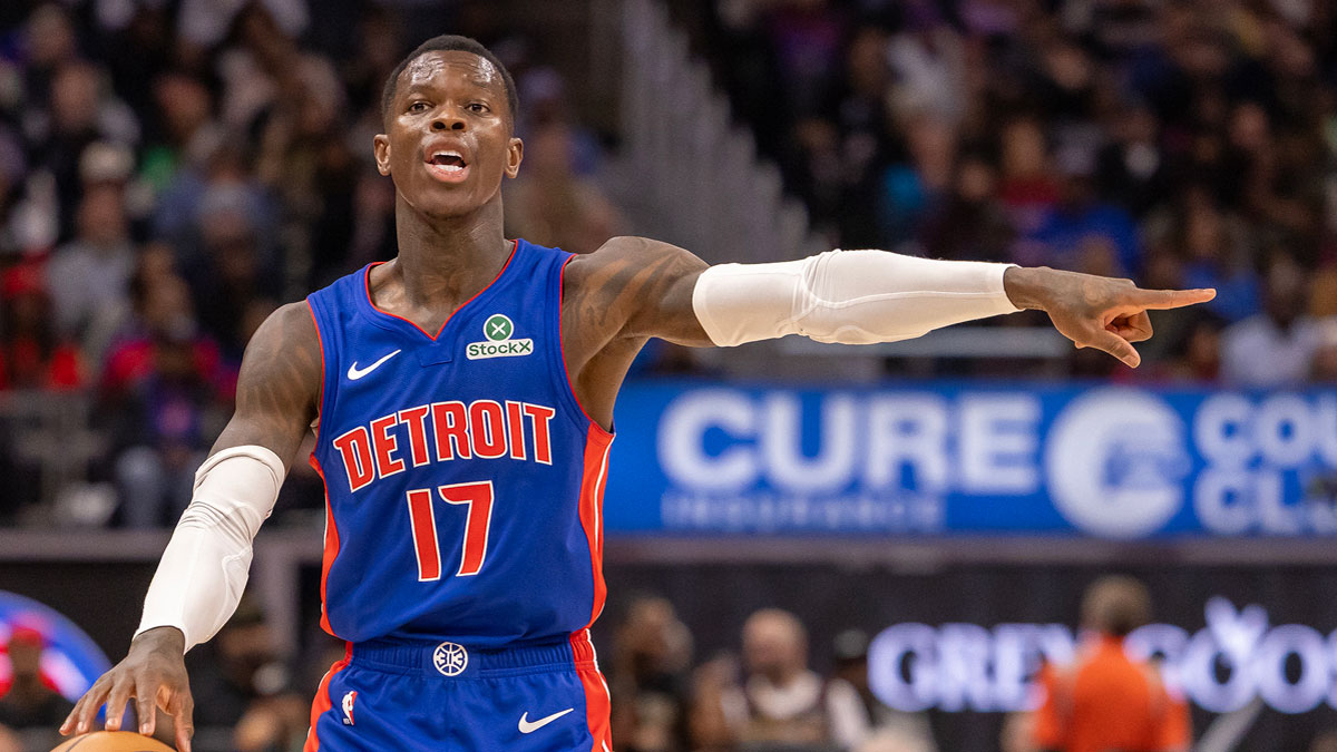 Apr 10, 2025; Detroit, Michigan, USA; Detroit Pistons guard Dennis Schroder (17) moves the ball up court and directs a play against the New York Knicks during the second half at Little Caesars Arena. Mandatory Credit: David Reginek-Imagn Images