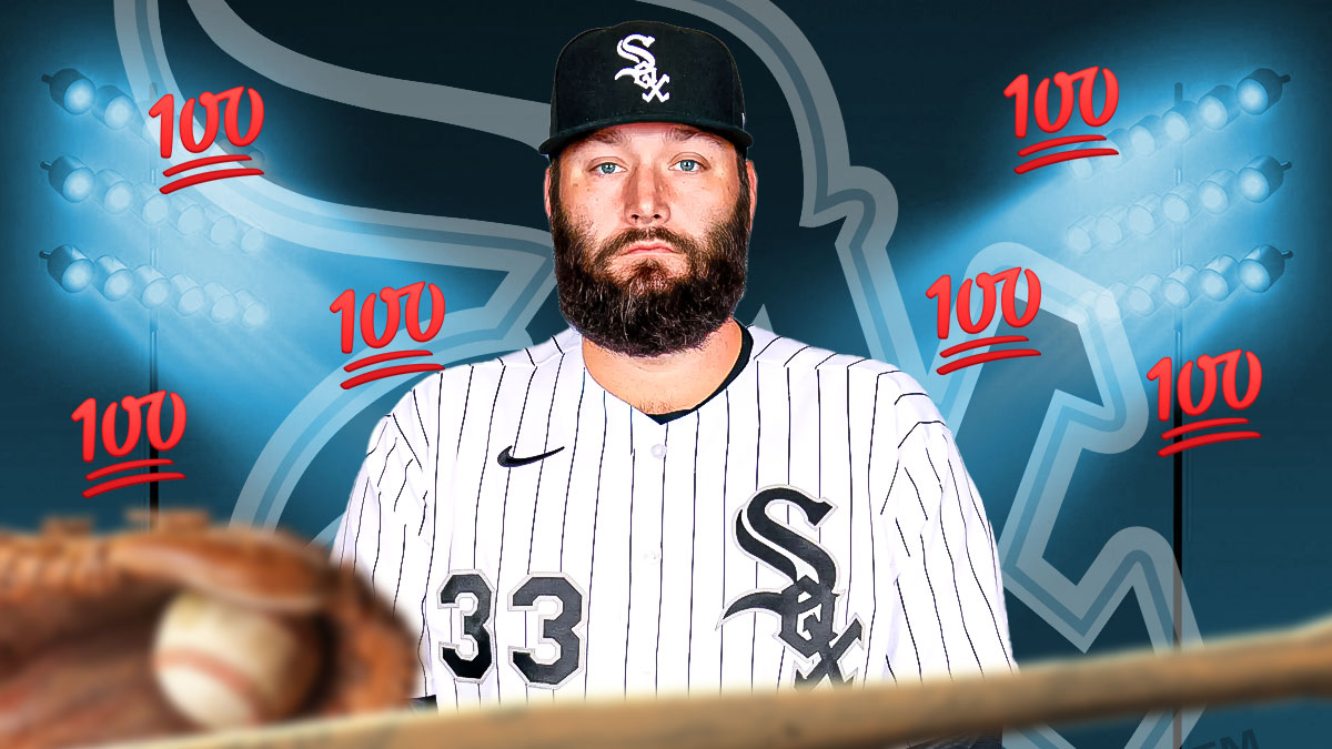 Lance Lynn in a Chicago White Sox uniform with a White Sox logo behind him and a 100 emoji