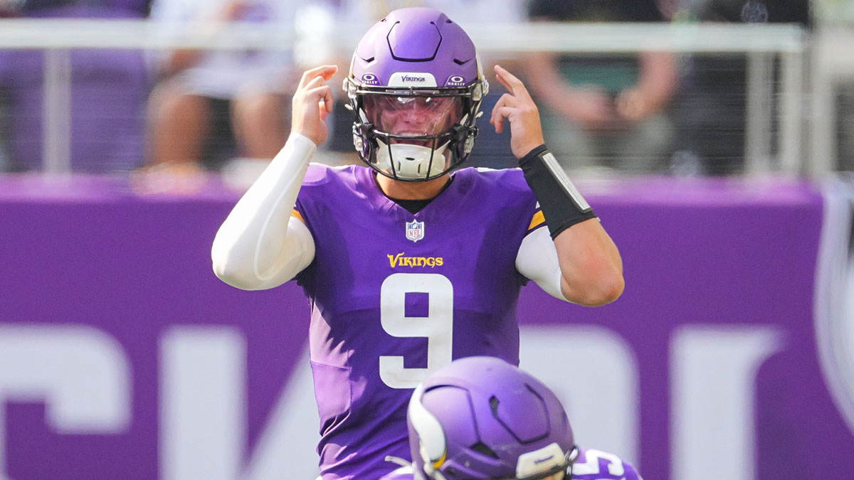 Aug 10, 2024; Minneapolis, Minnesota, USA; Minnesota Vikings quarterback J.J. McCarthy (9) under center against the Las Vegas Raiders in the third quarter at U.S. Bank Stadium.