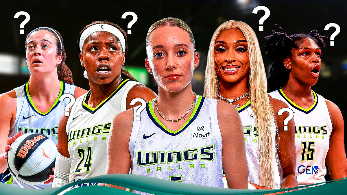 Wings Paige Bueckers, Wings DiJonai Carrington, Wings Arike Ogunbowale, Wings Maddy Siegrist and Wings Teaira McCowan all in image. Place question marks everywhere.