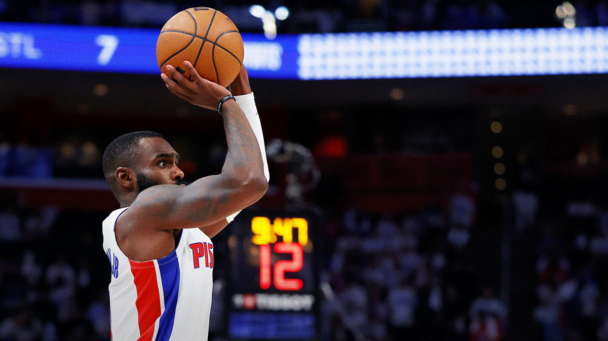 Detroit Pistons forward Tim Hardaway Jr. (8) shoots in the second half against the New York Knicks during game three of first round for the 2024 NBA Playoffs at Little Caesars Arena.