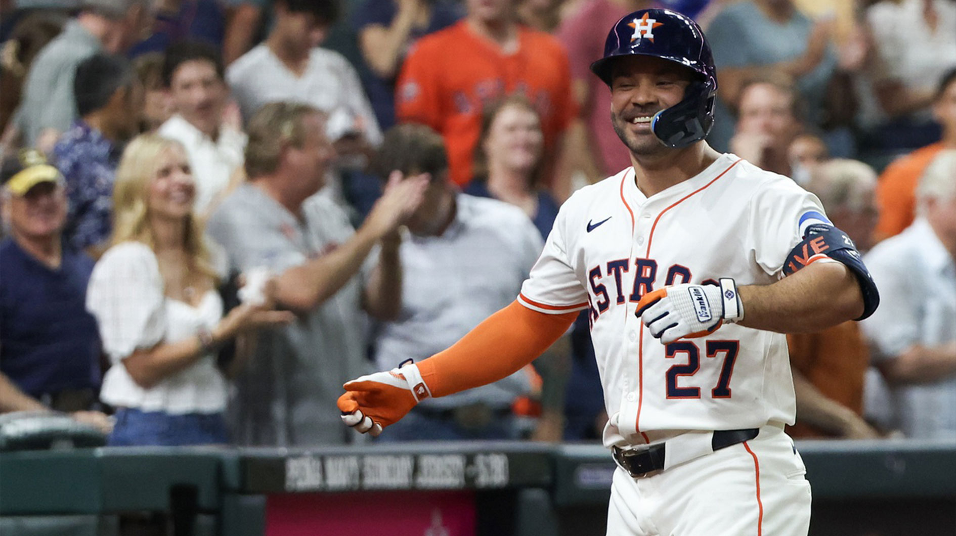Houston Astros designated hitter Jose Altuve (27) reacts to his home run against there Athletics in the fourth inning at Daikin Park.