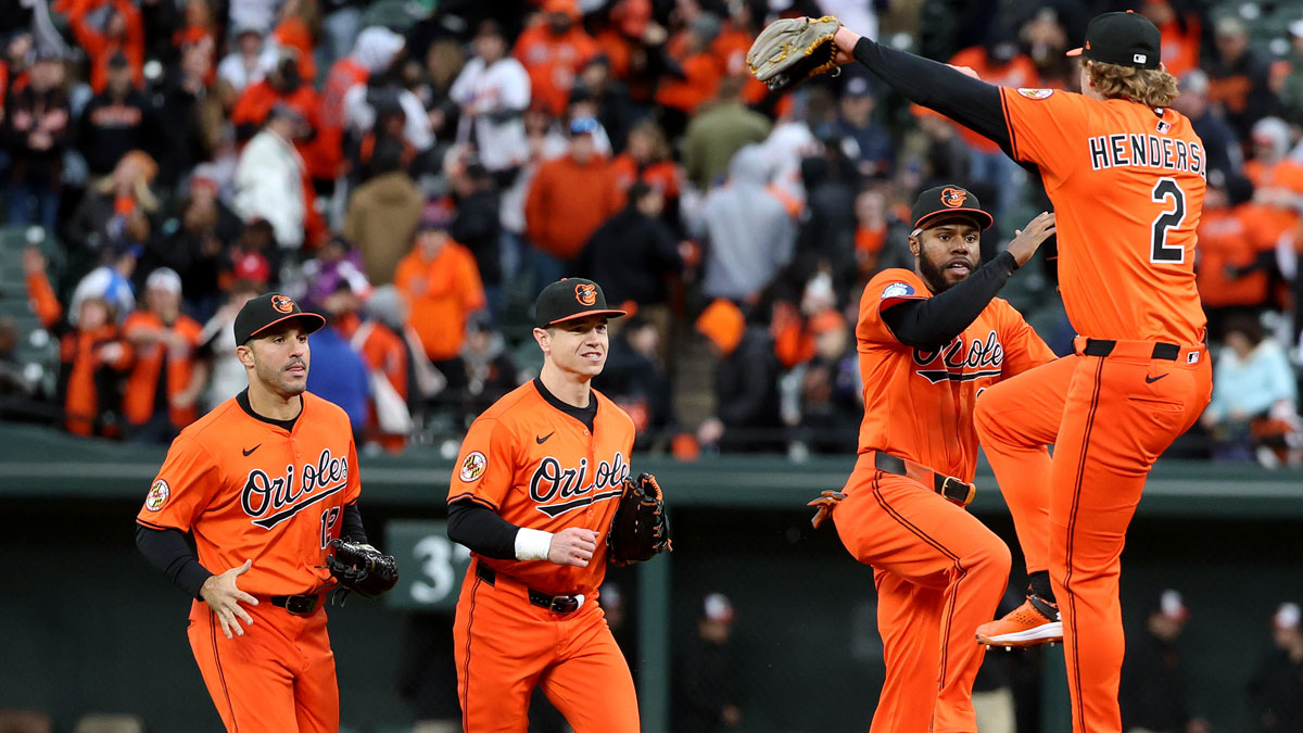 Baltimore Orioles players celebrate after a game against the Toronto Blue Jays at Oriole Park at Camden Yards.