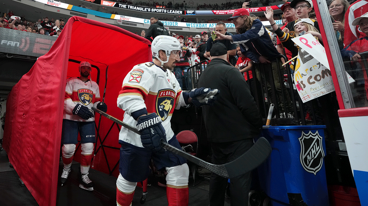 Florida Panthers forward Brad Marchand (63) enters the ice for warmup prior to the during the first period against the Carolina Hurricanes in game one of the Eastern Conference Final of the 2025 Stanley Cup Playoffs at Lenovo Center.