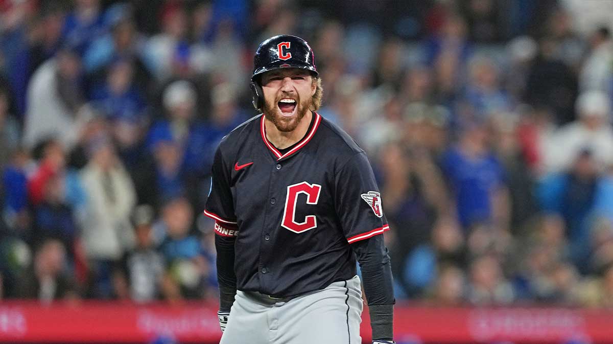 May 3, 2025; Toronto, Ontario, CAN; Cleveland Guardians second baseman Daniel Schneemann (10) celebrates hitting a grand slam hone run against the Toronto Blue Jays at during the ninth inning at Rogers Centre. Mandatory Credit: Nick Turchiaro-Imagn Images. The Guardians and Marlins made MLB histoyr.