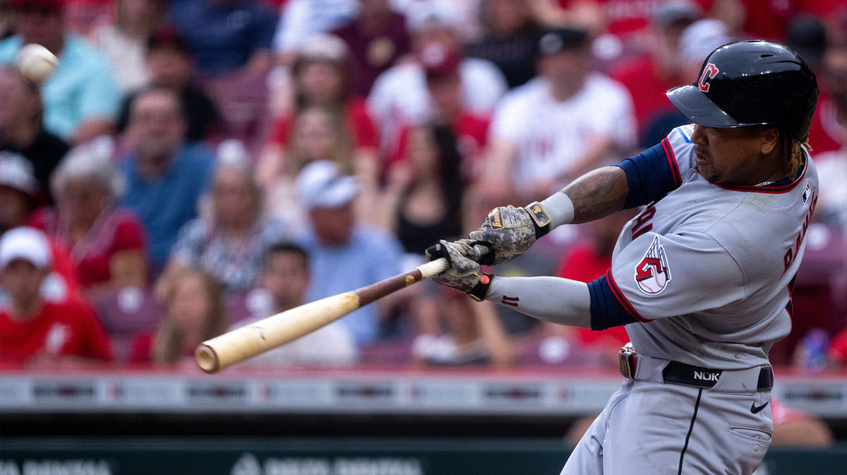 Cleveland Guardians third baseman Jose Ramirez (11) hits a solo home run in the eighth inning of the MLB game between Cincinnati Reds and Cleveland Guardians at Great American Ball Park in Cincinnati on Friday, May 16, 2025.