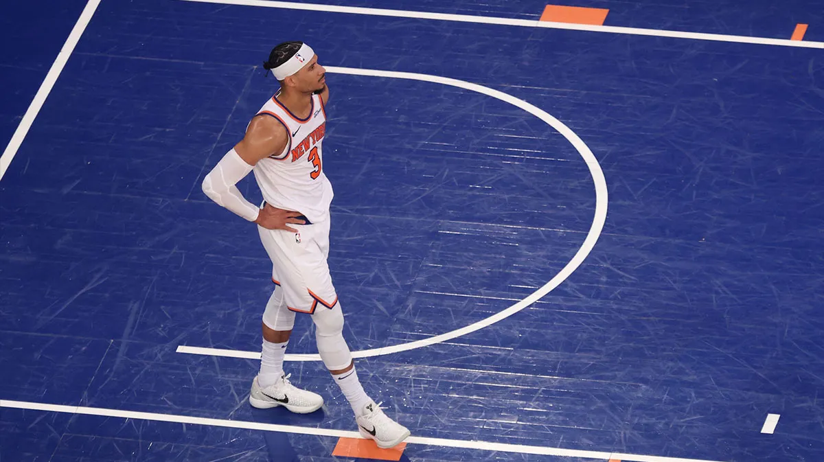 ; New York Knicks guard Josh Hart (3) looks on in the fourth quarter against the Indiana Pacers during game two of the eastern conference finals for the 2025 NBA Playoffs at Madison Square Garden.
