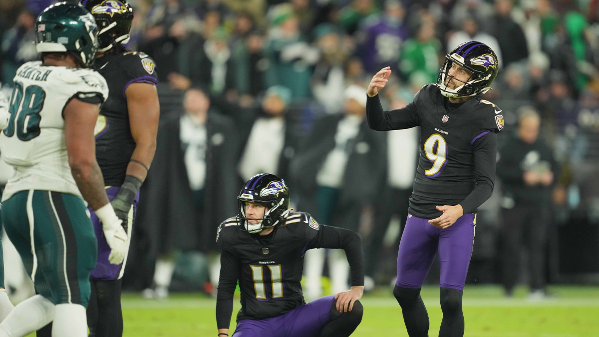 Baltimore Ravens kicker Justin Tucker (9) watches his failed third quarter field goal attempt against the Philadelphia Eagles at M&T Bank Stadium.