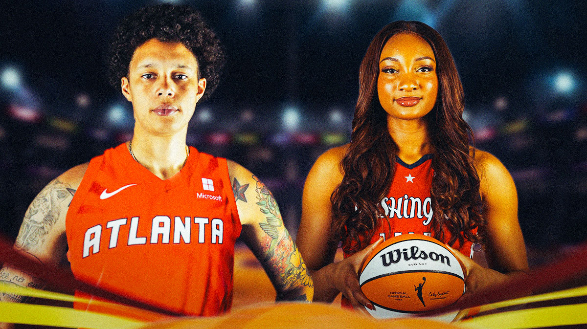 Kiki Iriafen (Mystics) smiles next to Brittney Griner (Dream)
