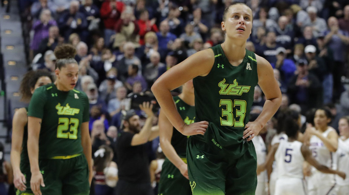 South Florida Bulls guard Kitija Laksa (33) walks off the court after the championship game of the women's AAC Conference Tournament against the Connecticut Huskies at Mohegan Sun Arena. UConn defeated USF 70-54.