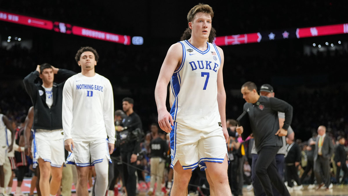 Duke Blue Devils guard Kon Knueppel (7) walks off the court after losing to the Houston Cougars in the semifinals of the men's Final Four of the 2025 NCAA Tournament at the Alamodome.