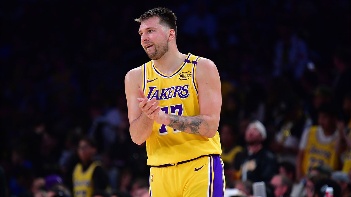Los Angeles Lakers guard Luka Doncic (77) reacts during the second half in game five of first round for the 2025 NBA Playoffs at Crypto.com Arena.