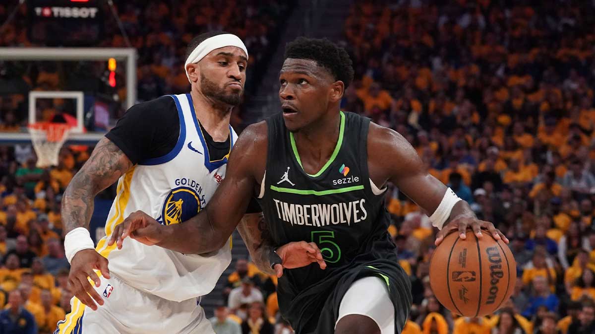 Minnesota Timberwolves guard Anthony Edwards (5) dribbles against Golden State Warriors guard Gary Payton II (0) in the fourth quarter during game three in the second round for the 2025 NBA Playoffs at Chase Center.