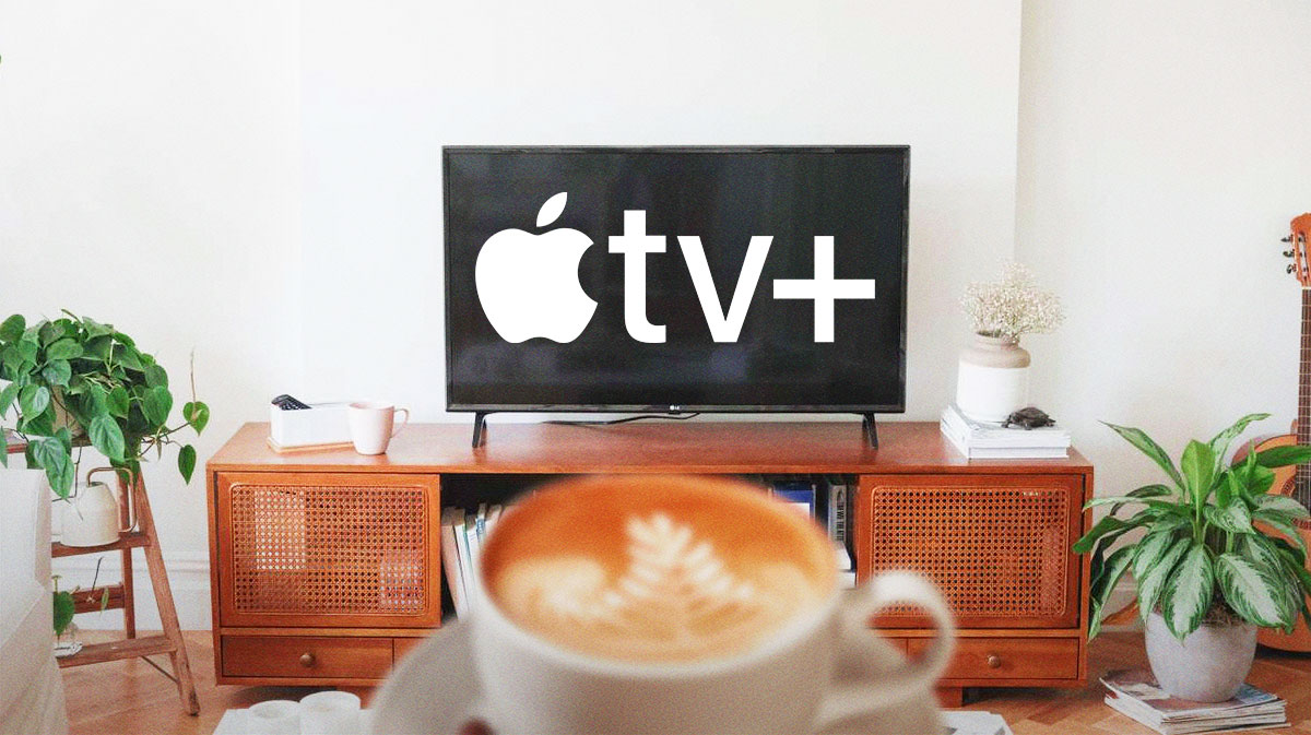 Apple TV+, which has a lot of new movies and TV series coming in May 2025, logo in living room.