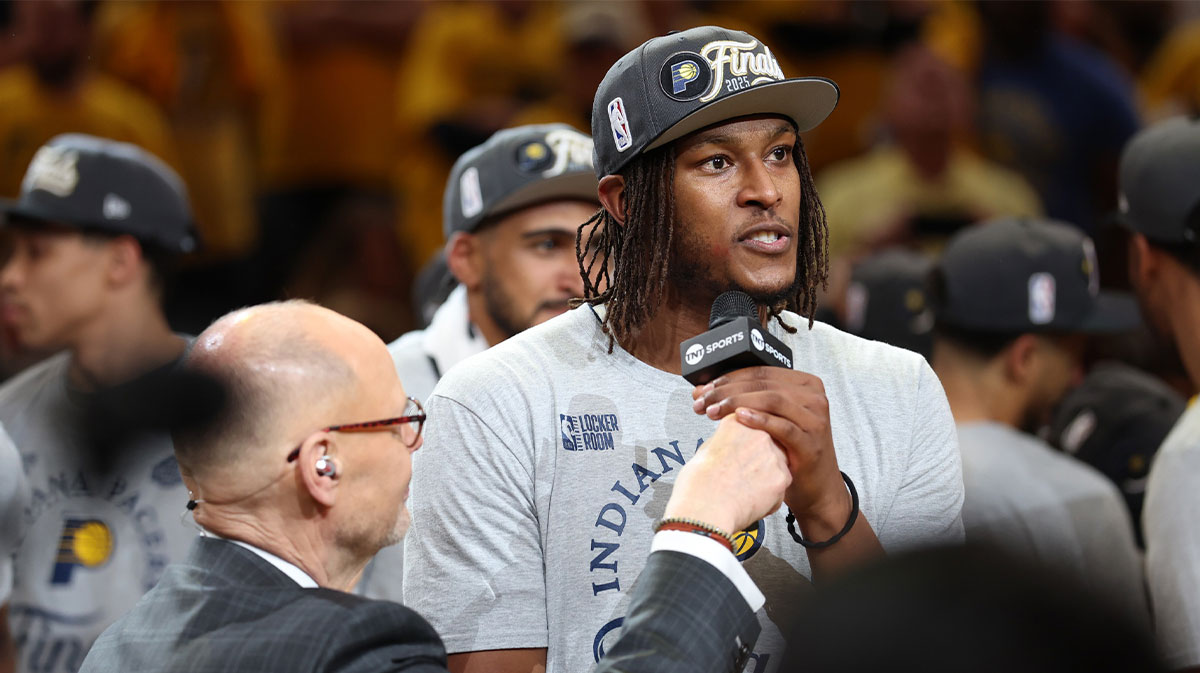 Pacers center Myles Turner (33) after game six of the eastern conference finals against the New York Knicks for the 2025 NBA Playoffs at Gainbridge Fieldhouse