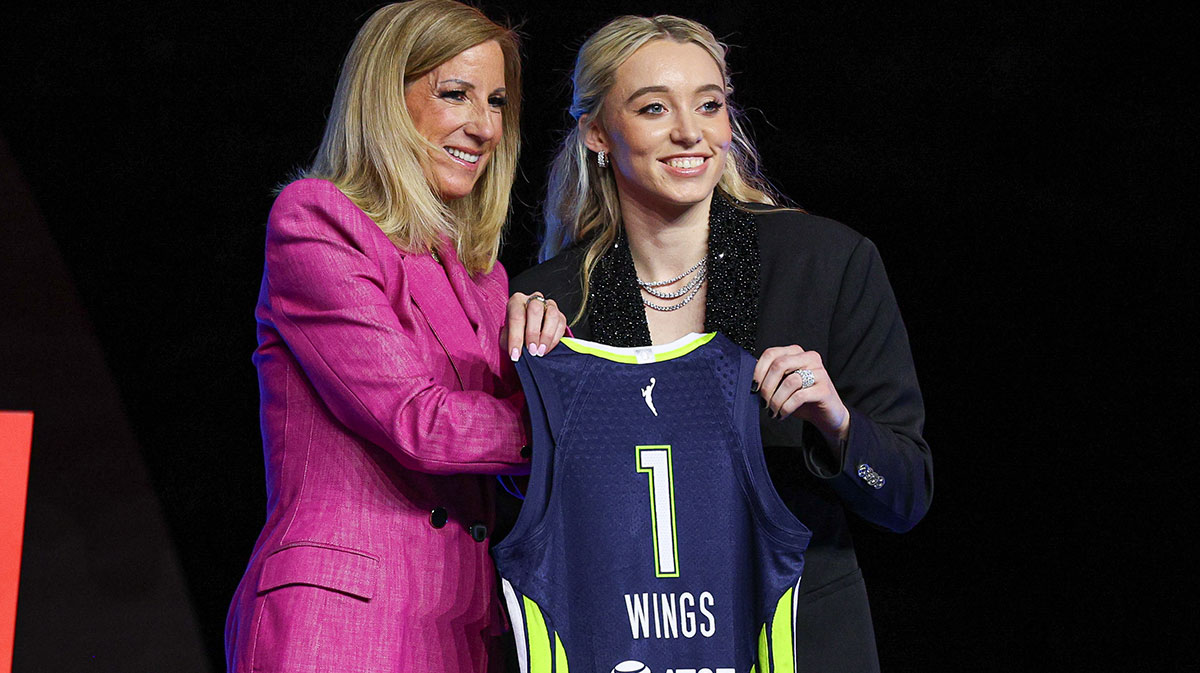 Paige Bueckers poses with WNBA commissioner Cathy Engelbert after being selected with the number one overall pick to the Dallas Wings in the 2025 WNBA Draft at The Shed at Hudson Yards.