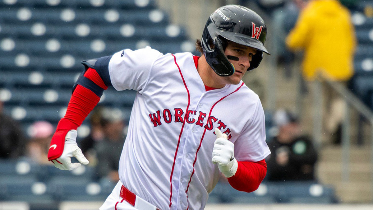 Worcester left fielder Roman Anthony runs on a fly ball against the Durham Bulls May 23.