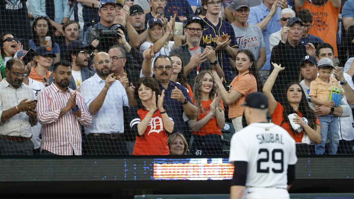 Detroit Tigers pitcher Tarik Skubal (29) walks off the field against the Boston Red Sox in the seventh inning against the Boston Red Sox at Comerica Park.