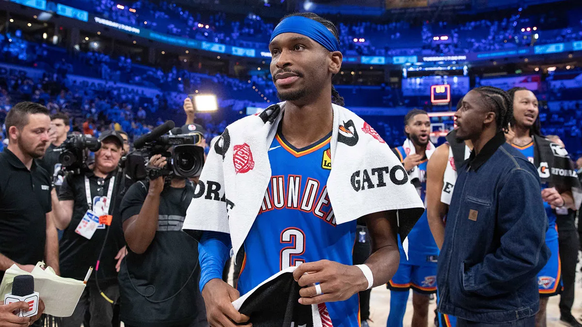 Thunder guard Shai Gilgeous-Alexander (2) walks off the court after his team defeated the Denver Nuggets in game seven of the second round for the 2025 NBA Playoffs at Paycom Center