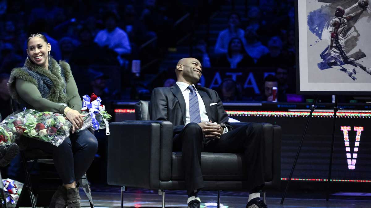 Former NBA star Vince Carter during his jersey retirement ceremony at halftime of a game between the Brooklyn Nets and the Miami Heat.
