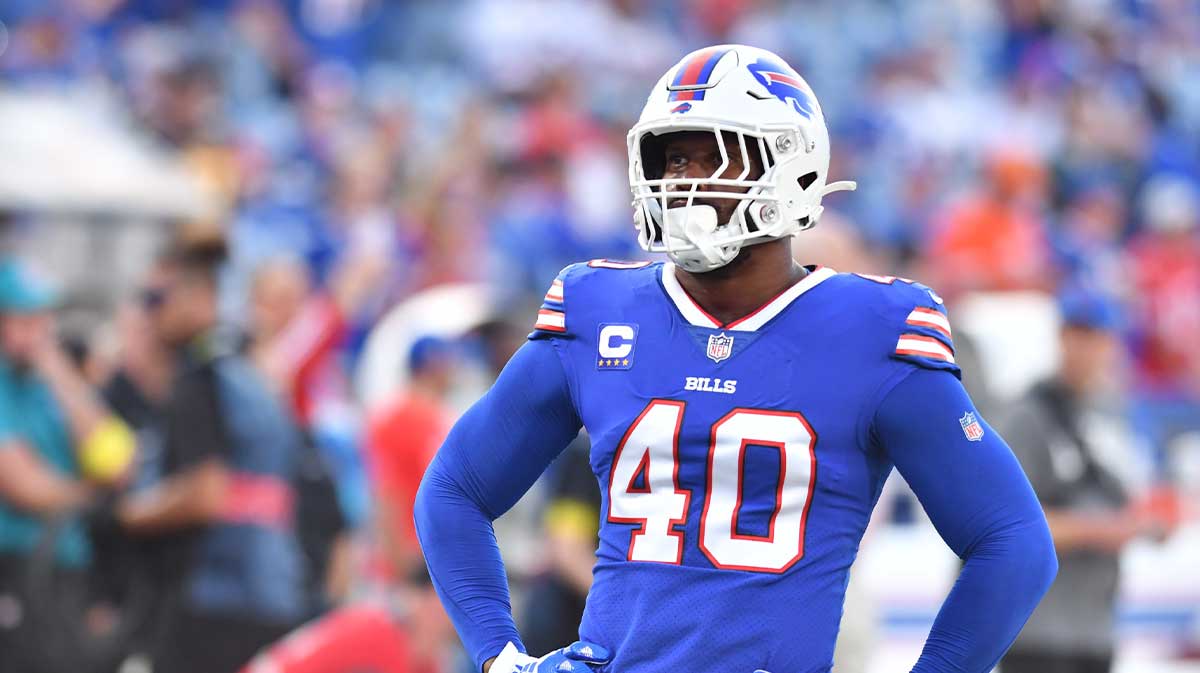 Sep 19, 2022; Orchard Park, New York, USA; Buffalo Bills linebacker Von Miller (40) warms up before a game against the Tennessee Titans at Highmark Stadium. Mandatory Credit: Mark Konezny-Imagn Images