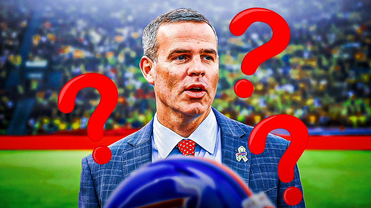 Bills GM Brandon Beane surrounded by question marks and a Buffalo Bills background