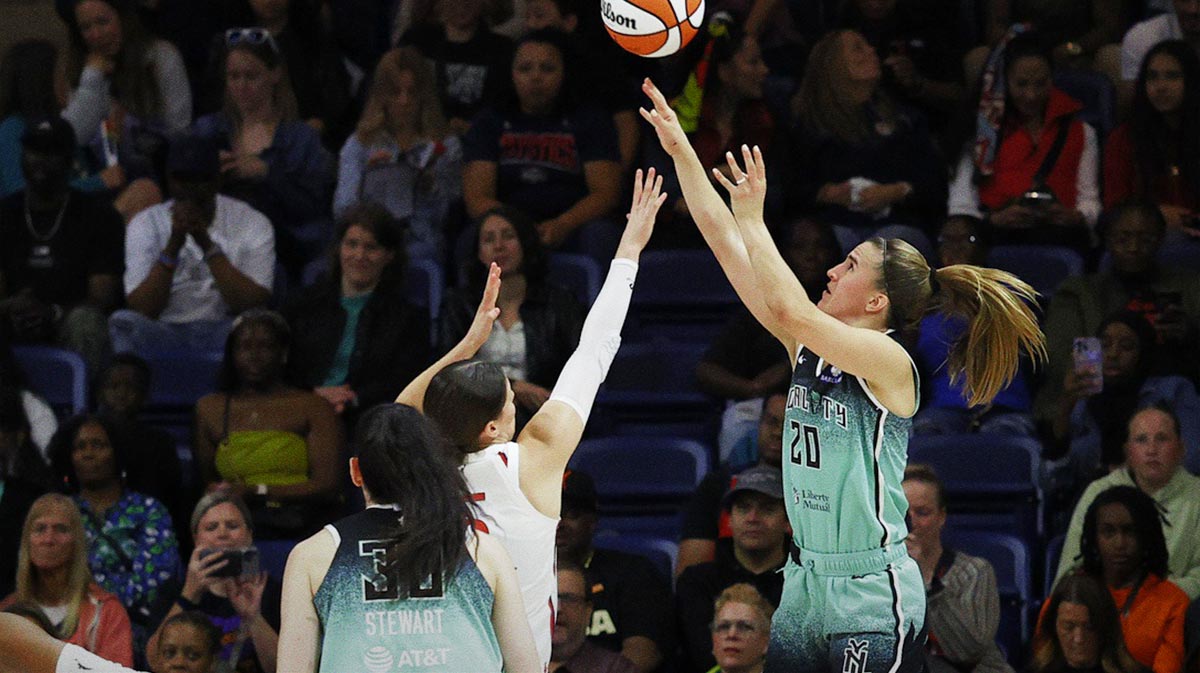 New York Liberty guard Sabrina Ionescu (20) shoots the ball over Washington Mystics guard Jade Melbourne (5) in the second half at CareFirst Arena.
