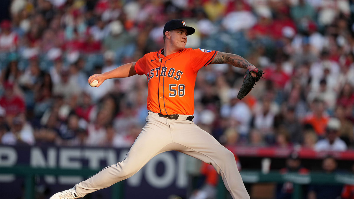 Houston Astros starting pitcher Hunter Brown (58) throws in the second inning against the Los Angeles Angels at Angel Stadium.