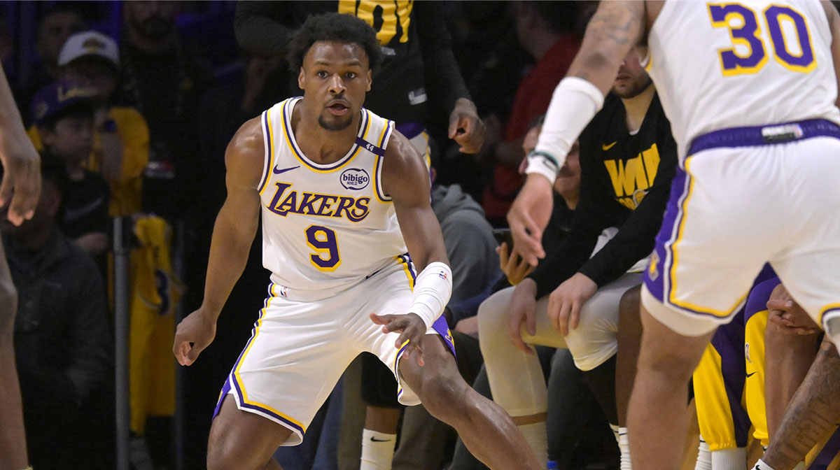 Los Angeles Lakers guard Bronny James (9) defends on the court in the second half against the Minnesota Timberwolves at Crypto.com Arena.