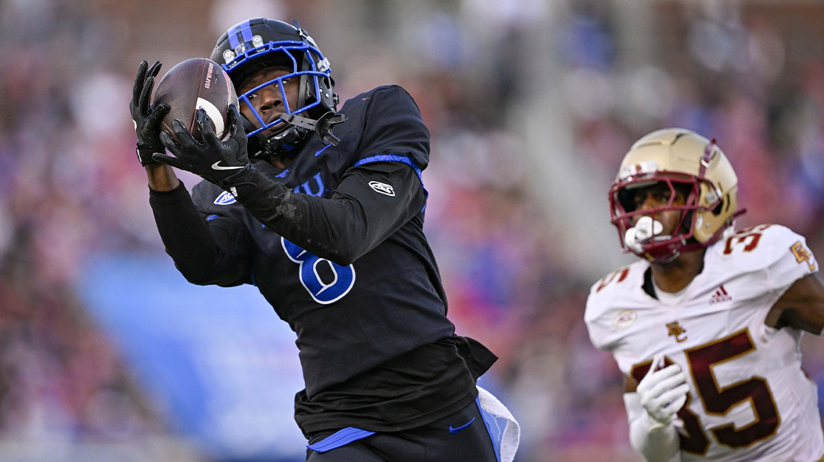 SMU Mustangs wide receiver Jordan Hudson (8) catches a pass for a touchdown against the Boston College Eagles during the second half at Gerald J. Ford Stadium.