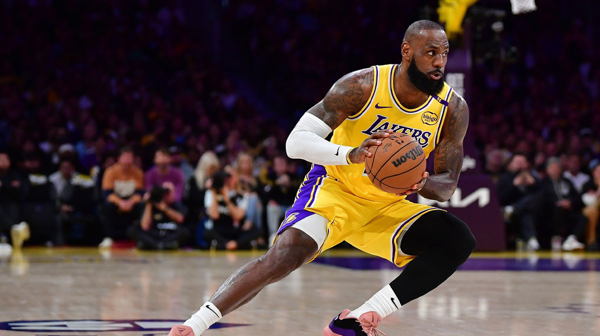 Los Angeles Lakers forward LeBron James (23) controls the ball against the Minnesota Timberwolves during the first half in game five of first round for the 2025 NBA Playoffs at Crypto.com Arena.