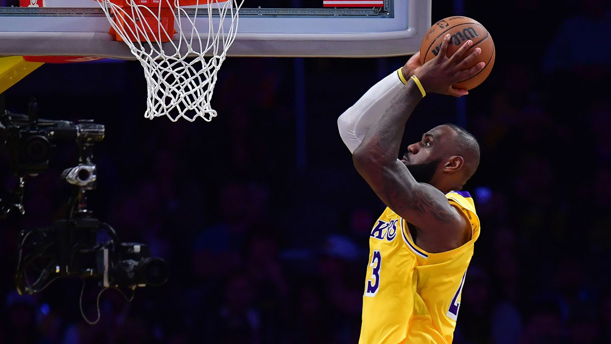 Apr 30, 2025; Los Angeles, California, USA; Los Angeles Lakers forward LeBron James (23) moves in for the dunk against the Minnesota Timberwolves during the second half in game five of first round for the 2025 NBA Playoffs at Crypto.com Arena. Mandatory Credit: Gary A. Vasquez-Imagn Images