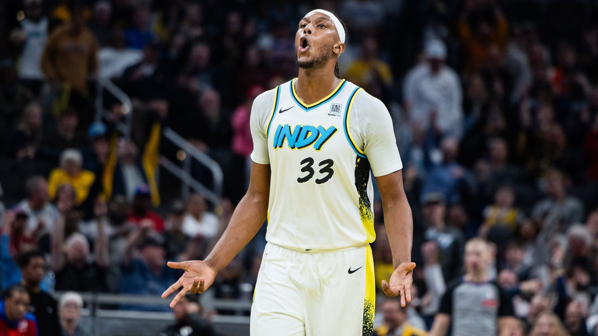 Indiana Pacers center Myles Turner (33) celebrates a made basket in the second half against the Detroit Pistons at Gainbridge Fieldhouse.