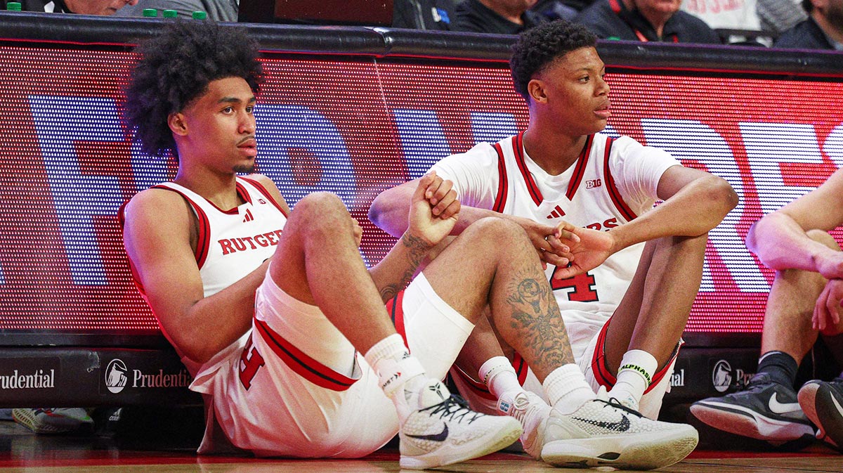 Rutgers Scarlet Knights guard Dylan Harper (2) and Rutgers Scarlet Knights guard Ace Bailey (4) looks on during the second half against the Minnesota Golden Gophers at Jersey Mike's Arena.