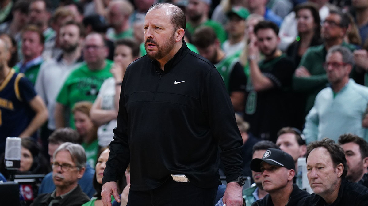 New York Knicks head coach Tom Thibodeau watches from the sideline as they take on the Boston Celtics during game two of the second round for the 2025 NBA Playoffs at TD Garden.