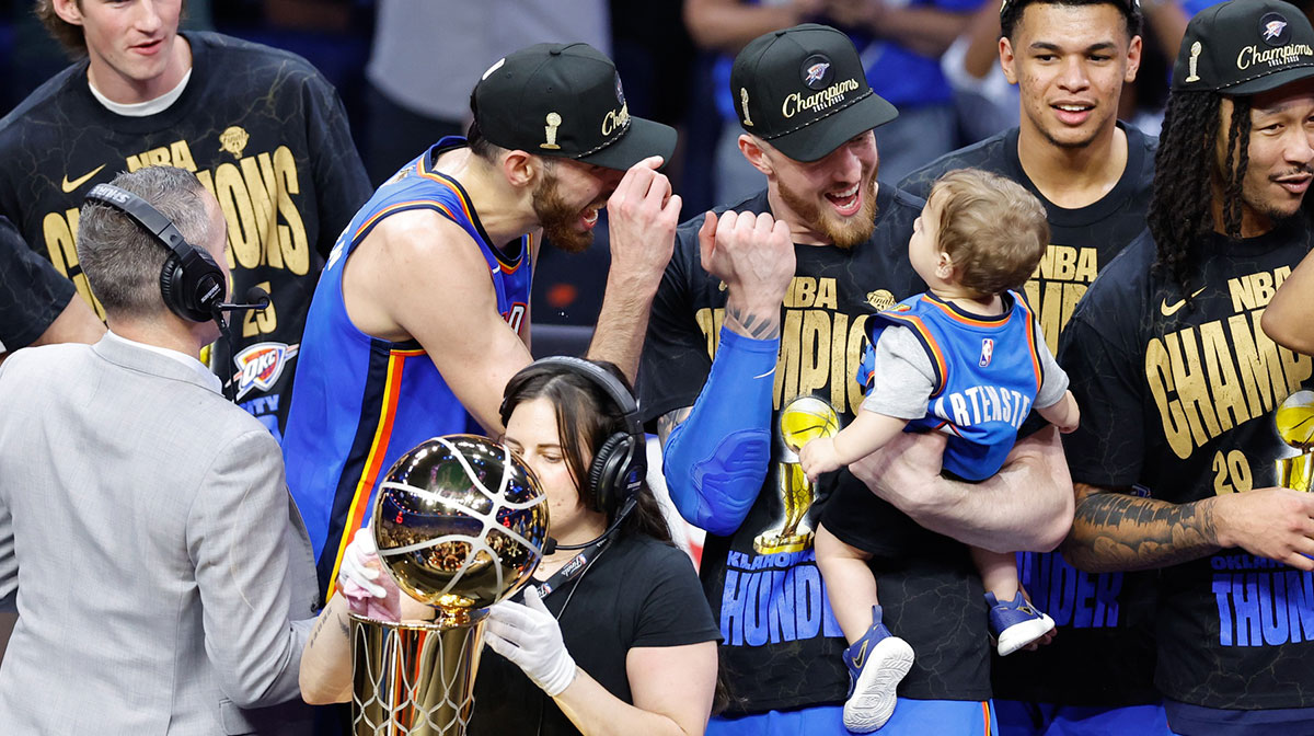 Thunder forward Chet Holmgren (7) and center Isaiah Hartenstein (55) after winning game seven of the 2025 NBA Finals against the Indiana Pacers at Paycom Center