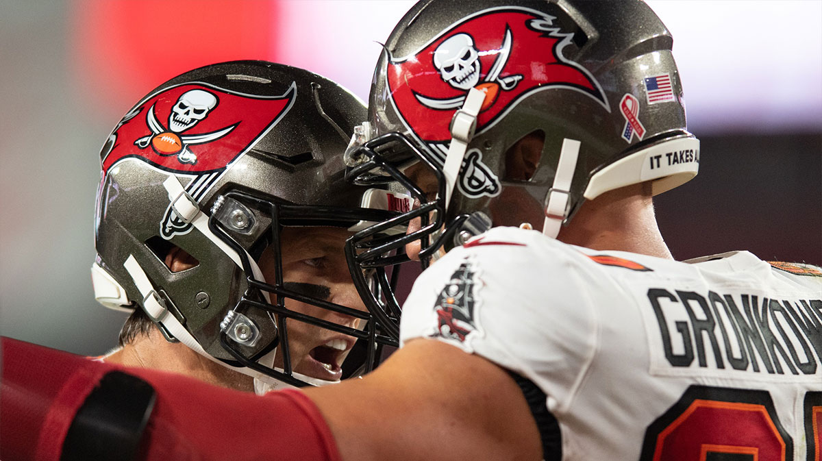 Tampa Bay Buccaneers quarterback Tom Brady (12) and tight end Rob Gronkowski (87) celebrate after a touchdown against the Dallas Cowboys in the second quarter at Raymond James Stadium.