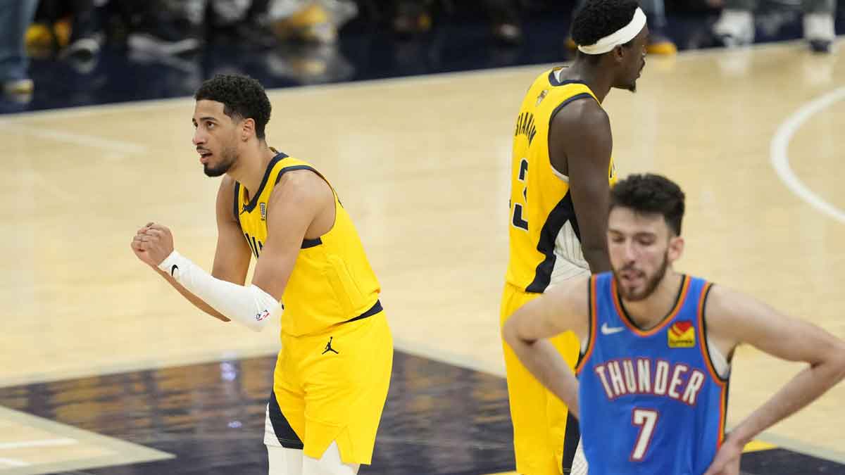 Indiana Pacers guard Tyrese Haliburton (0) reacts after a play against the Oklahoma City Thunder during the second half during game three of the 2025 NBA Finals at Gainbridge Fieldhouse.