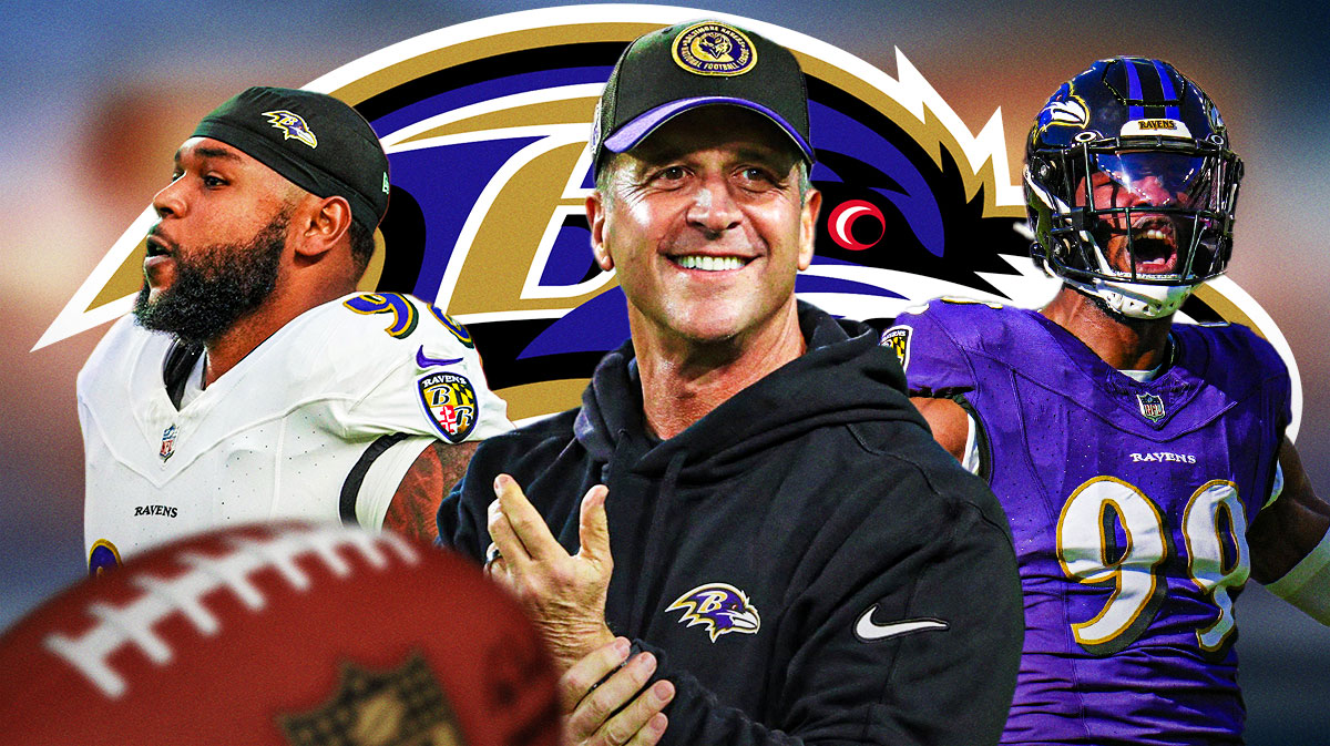 Baltimore Ravens players Odafe Oweh and Travis Jones with head coach Jon Harbaugh.