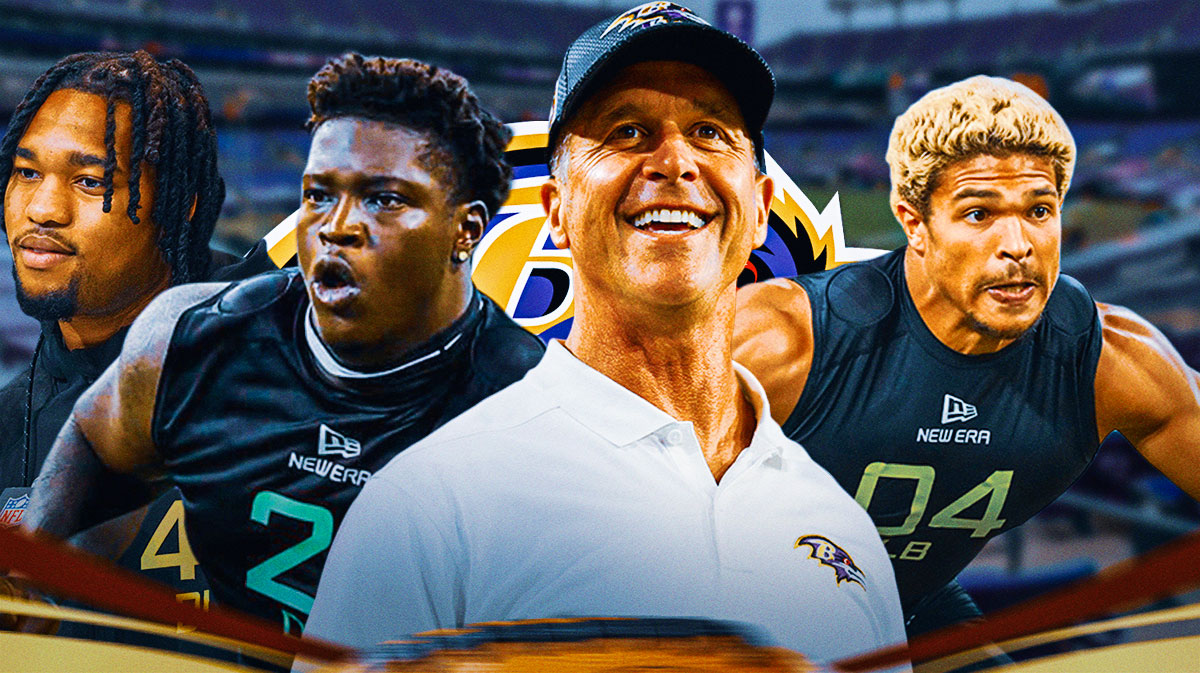 Coach John Harbaugh in the middle, Mike Green, Emery Jones Jr, Teddye Buchanan all beside each other, Baltimore Ravens logo in the background